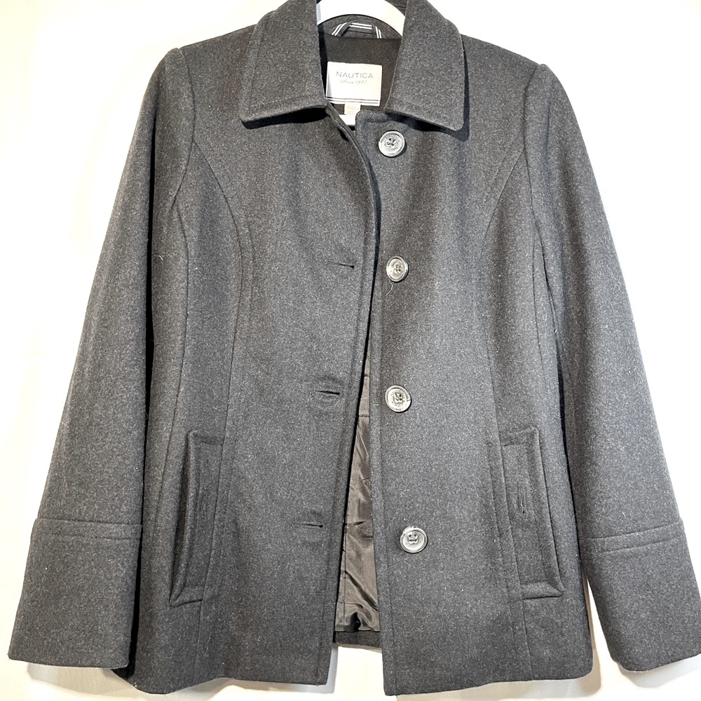 Nautica Women’s Single Breasted Black Wool Blend Pea Coat Jacket Size XS